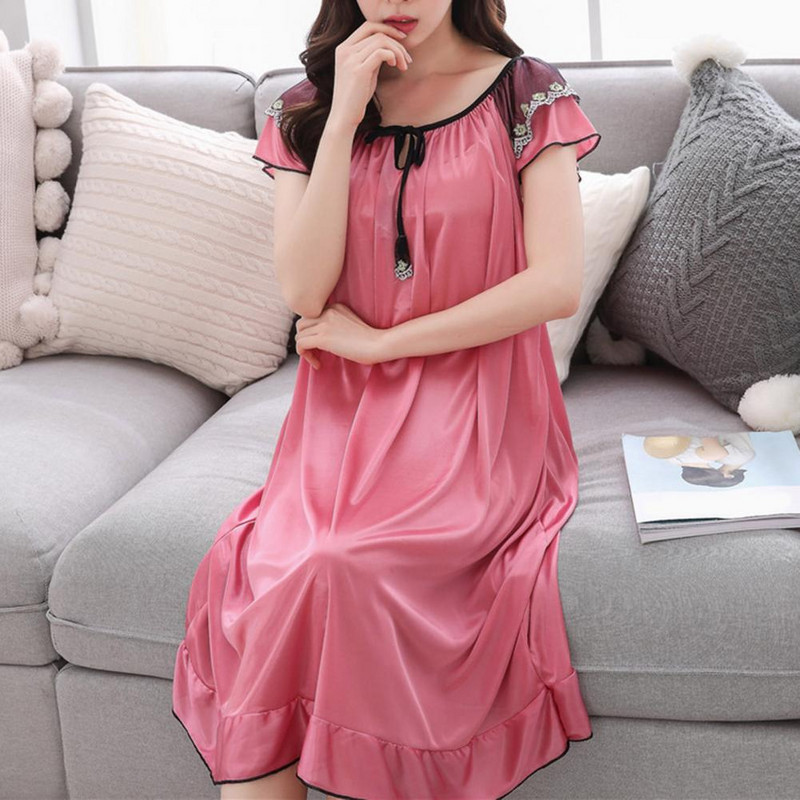 Pidžamas kleita guļamveļa ar O veida izgriezumu, mežģīnēm ar īsām piedurknēm, plānām gulēšanai paredzētām atpūtas telpām Sieviešu gluda satīna volāniem vasaras naktskleita