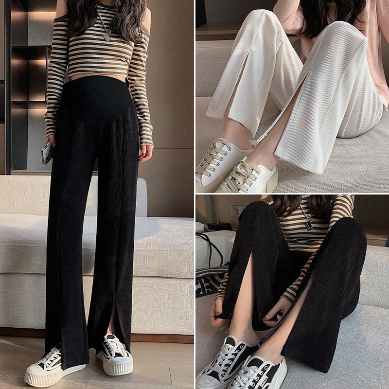 2023-as tavaszi, hosszú bő terhes női alkalmi nadrág zsebekkel elöl osztott, magas derekú kismama csizma vágott terhességi nadrág