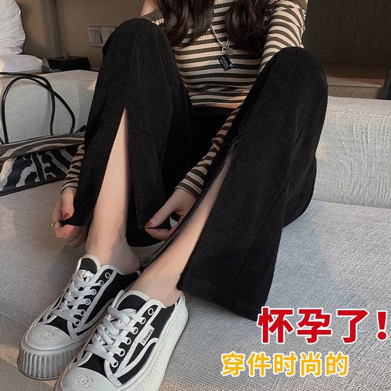 2023-as tavaszi, hosszú bő terhes női alkalmi nadrág zsebekkel elöl osztott, magas derekú kismama csizma vágott terhességi nadrág