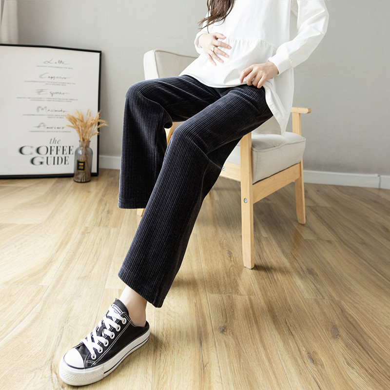 2023. Trudničke hlače širokih nogavica Plus veličine, ravne hlače za trudnice s visokim strukom Duge široke trudničke hlače od samta na trbuhu