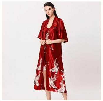 Дамска нощница Ice Silk Китайски стил Crane Print Кимоно Халат с половин ръкав Булка Шаферка Сватба Дълъг халат Не костюм