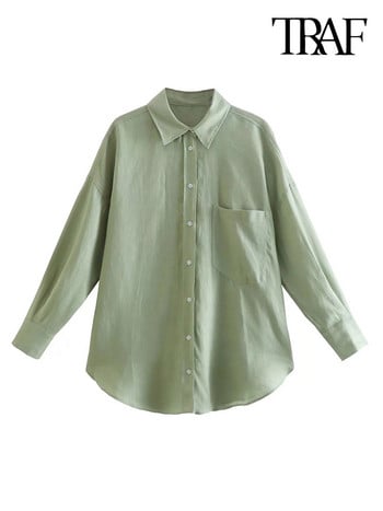 TRAF Дамска мода с джоб Големи ризи Vintage Дамски блузи с копчета с дълъг ръкав Blusas Chic Tops