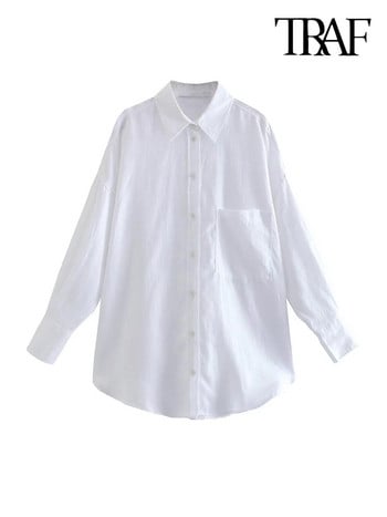 TRAF Дамска мода с джоб Големи ризи Vintage Дамски блузи с копчета с дълъг ръкав Blusas Chic Tops