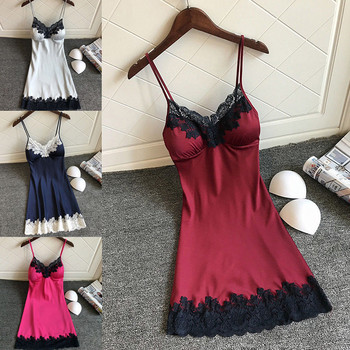 Γυναικεία σέξι εσώρουχα Καλοκαιρινό μεταξωτό νυχτερινό φόρεμα δαντέλα συνονθύλευμα Μίνι νυχτερινό φόρεμα Spaghetti λουράκι Πυζά Γυναικεία με μαξιλαράκια στο στήθος