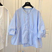 Korejas versijas brīvs, asimetrisks kroku raibs kokvilnas leļļu krekls sievietēm pavasara vasarai jauns ikdienas novājēšanas moderns tops