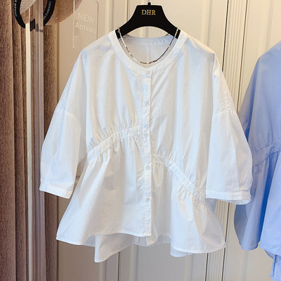 Korejas versijas brīvs, asimetrisks kroku raibs kokvilnas leļļu krekls sievietēm pavasara vasarai jauns ikdienas novājēšanas moderns tops