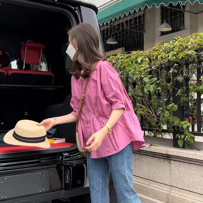 Korejas versijas brīvs, asimetrisks kroku raibs kokvilnas leļļu krekls sievietēm pavasara vasarai jauns ikdienas novājēšanas moderns tops