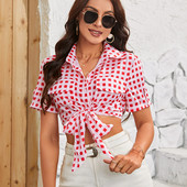 Y2K kratke majice na kravatu Ženske ljetne nove, tanke karirane majice kratkih rukava na rever Ženski stil za odmor