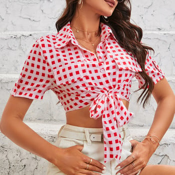 Y2K Cross Tie Crop Tops Дамски летни нови карирани тънки ризи с ревери с къс ръкав Женски ваканционен стил