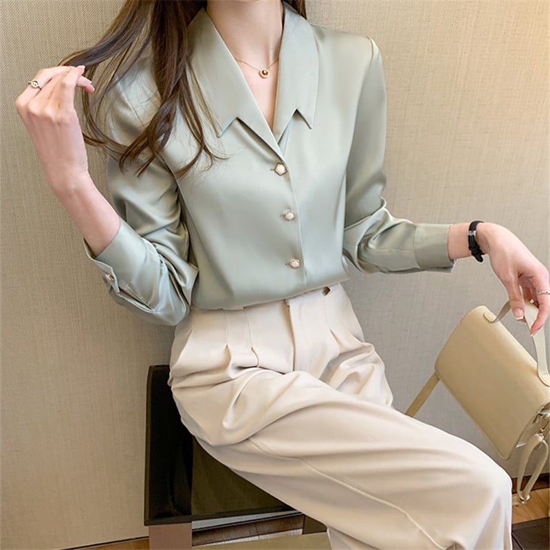 Szöuli őszi, téli koreai foltos női blúz 2023 új, hosszú ujjú, lehajtható gallérral Alkalmi bő irodai ingek Felsők Női