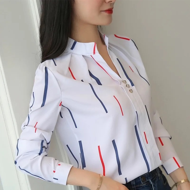 Naiste valged topid Pluusid Moodne triibuline print vabaaja pikkade varrukatega kontoris Lady OL särgid Slim Blusas DF4970
