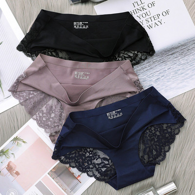3 buc/set Lenjerie de corp sexy pentru femeie, dantelă, chiloți din mătase de gheață, talie mijlocie, din bumbac, cu crotch, slip, confort, respirabil, pentru femei.