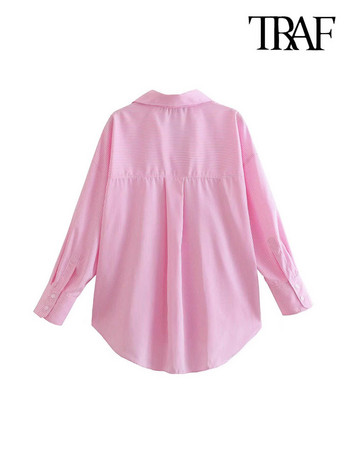 Широки ризи с джобове на TRAF райе за жени, блузи с дълъг ръкав, копчета, шикозни горнища, дамска мода