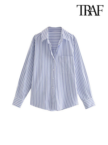 Широки ризи с джобове на TRAF райе за жени, блузи с дълъг ръкав, копчета, шикозни горнища, дамска мода