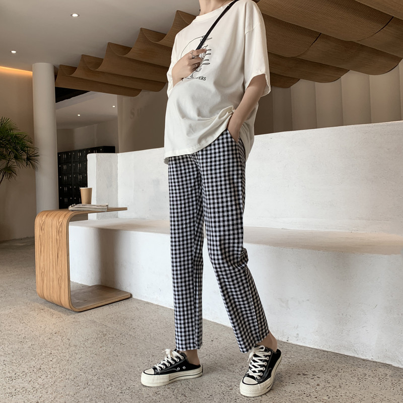 Vékony nyári kismama kockás nadrág, magas derekú, állítható, terhes nő impregnált nadrág Divat Terhesség Haren nadrág nagykereskedés