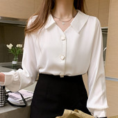 Rudens sieviešu ar garām piedurknēm V-veida kakla izgriezumu, vintage laternas piedurknēm, vienkāršām, daudzpusīgām, daudzpusīgām piepilsētas šifona kreklblūze Camisas topi A524