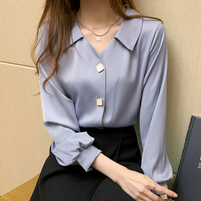 Rudens sieviešu ar garām piedurknēm V-veida kakla izgriezumu, vintage laternas piedurknēm, vienkāršām, daudzpusīgām, daudzpusīgām piepilsētas šifona kreklblūze Camisas topi A524