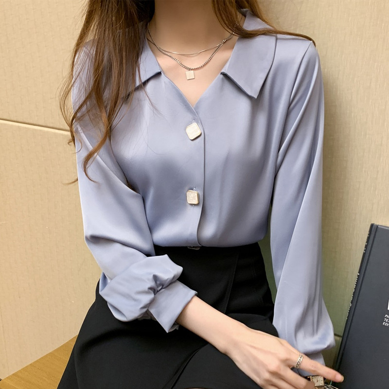 Rudens sieviešu ar garām piedurknēm V-veida kakla izgriezumu, vintage laternas piedurknēm, vienkāršām, daudzpusīgām, daudzpusīgām piepilsētas šifona kreklblūze Camisas topi A524