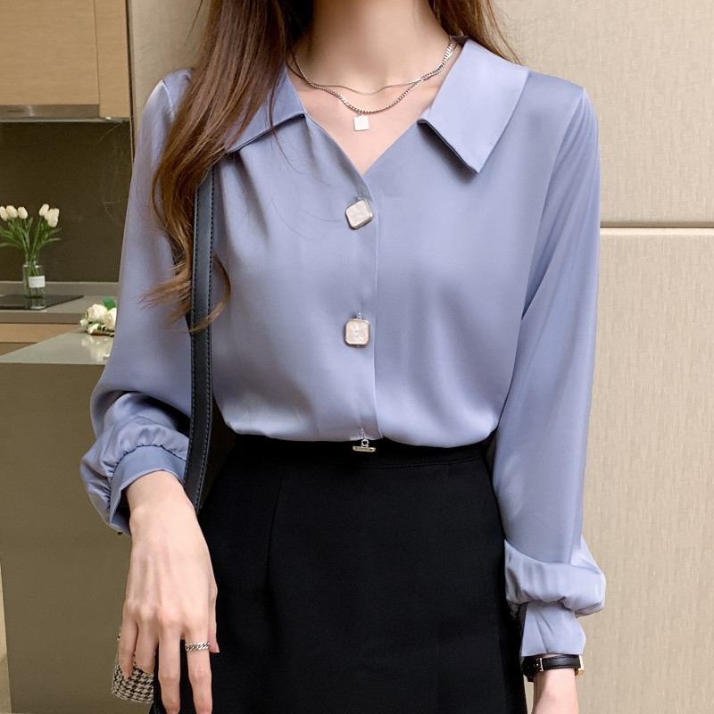 Rudens sieviešu ar garām piedurknēm V-veida kakla izgriezumu, vintage laternas piedurknēm, vienkāršām, daudzpusīgām, daudzpusīgām piepilsētas šifona kreklblūze Camisas topi A524