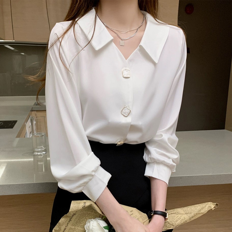 Rudens sieviešu ar garām piedurknēm V-veida kakla izgriezumu, vintage laternas piedurknēm, vienkāršām, daudzpusīgām, daudzpusīgām piepilsētas šifona kreklblūze Camisas topi A524