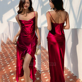 Burgundia Chemise öösärgid Naiste Seksikas, pikk lõhestatud sukkadega öösärk Magamisriided Kevadsuvi Satiinist öösärgid lahtised kodukandmine