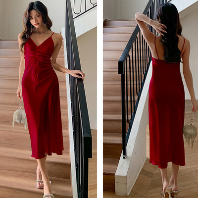 Burgundia Chemise öösärgid Naiste Seksikas, pikk lõhestatud sukkadega öösärk Magamisriided Kevadsuvi Satiinist öösärgid lahtised kodukandmine