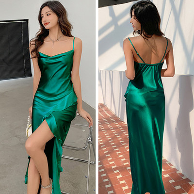 Burgundia Chemise öösärgid Naiste Seksikas, pikk lõhestatud sukkadega öösärk Magamisriided Kevadsuvi Satiinist öösärgid lahtised kodukandmine