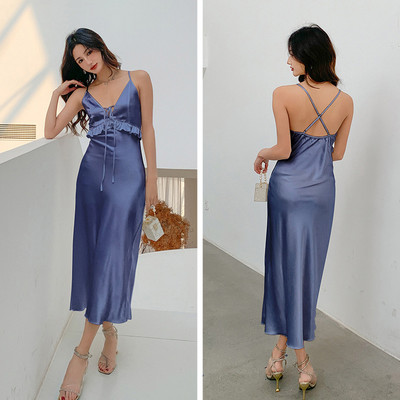 Burgundia Chemise öösärgid Naiste Seksikas, pikk lõhestatud sukkadega öösärk Magamisriided Kevadsuvi Satiinist öösärgid lahtised kodukandmine