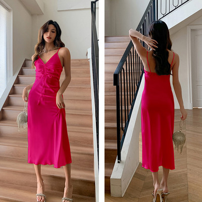 Burgundia Chemise öösärgid Naiste Seksikas, pikk lõhestatud sukkadega öösärk Magamisriided Kevadsuvi Satiinist öösärgid lahtised kodukandmine