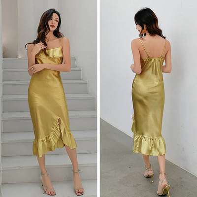 Burgundia Chemise öösärgid Naiste Seksikas, pikk lõhestatud sukkadega öösärk Magamisriided Kevadsuvi Satiinist öösärgid lahtised kodukandmine