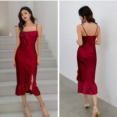 Burgundia Chemise öösärgid Naiste Seksikas, pikk lõhestatud sukkadega öösärk Magamisriided Kevadsuvi Satiinist öösärgid lahtised kodukandmine