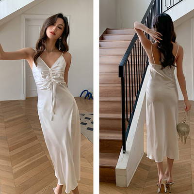 Burgundia Chemise öösärgid Naiste Seksikas, pikk lõhestatud sukkadega öösärk Magamisriided Kevadsuvi Satiinist öösärgid lahtised kodukandmine