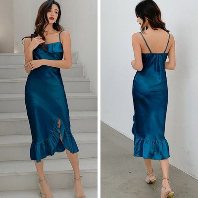 Burgundia Chemise öösärgid Naiste Seksikas, pikk lõhestatud sukkadega öösärk Magamisriided Kevadsuvi Satiinist öösärgid lahtised kodukandmine