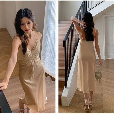 Burgundia Chemise öösärgid Naiste Seksikas, pikk lõhestatud sukkadega öösärk Magamisriided Kevadsuvi Satiinist öösärgid lahtised kodukandmine