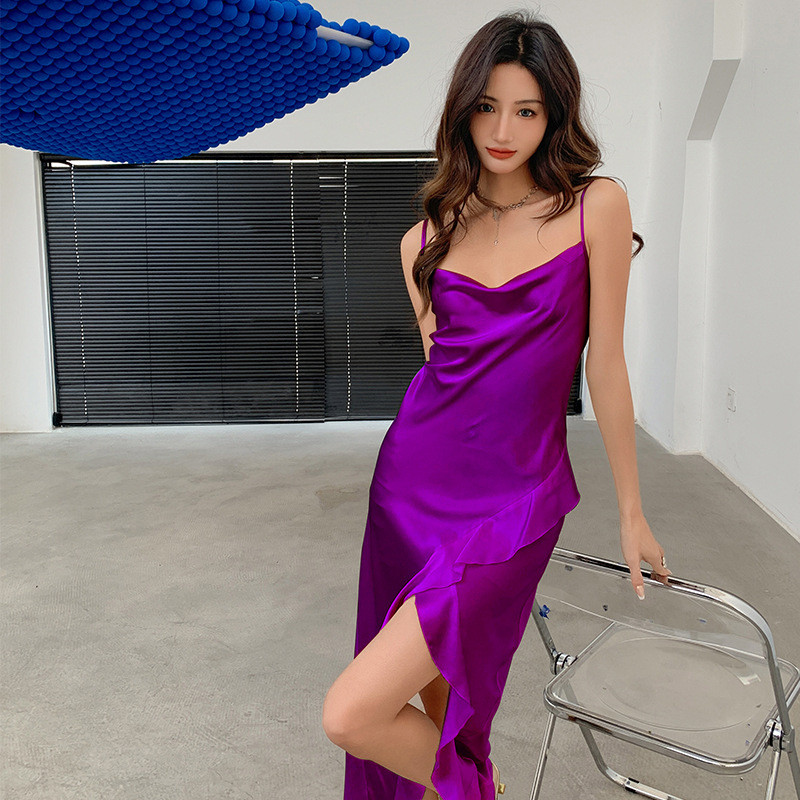 Burgundia Chemise öösärgid Naiste Seksikas, pikk lõhestatud sukkadega öösärk Magamisriided Kevadsuvi Satiinist öösärgid lahtised kodukandmine