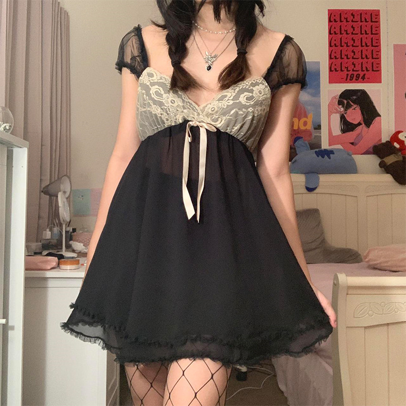 Dourbesty Y2K Fairycore Vintage Kawaii Kleit, võrkpits Seksikas V-kaelusega volangidega A-kujuline kleit 2000. aastate gooti grunge kleidid