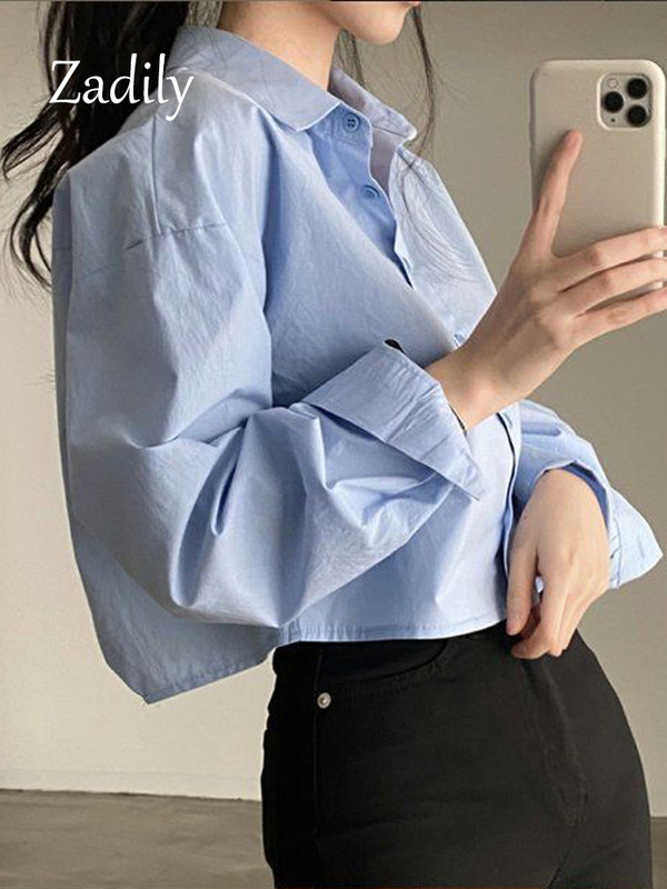 Zadily 2023 tavaszi új alkalmi, hosszú ujjú női fehér ing koreai stílusú tömör gombos hasított női vágás felsők blúz parti ruházat