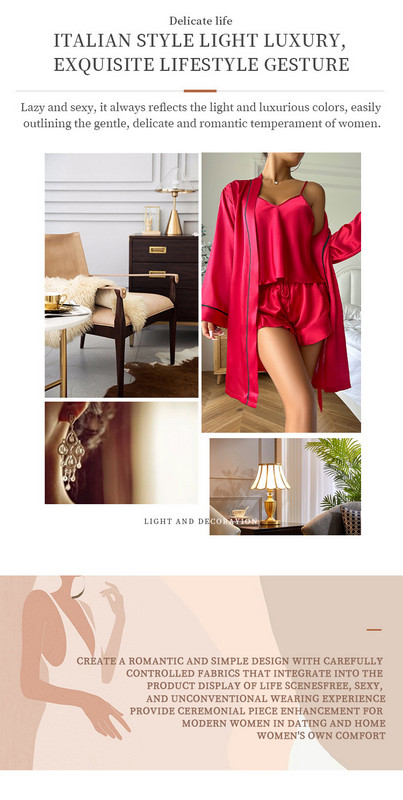 Női 3 részes szatén pizsama tömör hálóing V nyakú függő felsők Rövidnadrág köntös pizsama szett