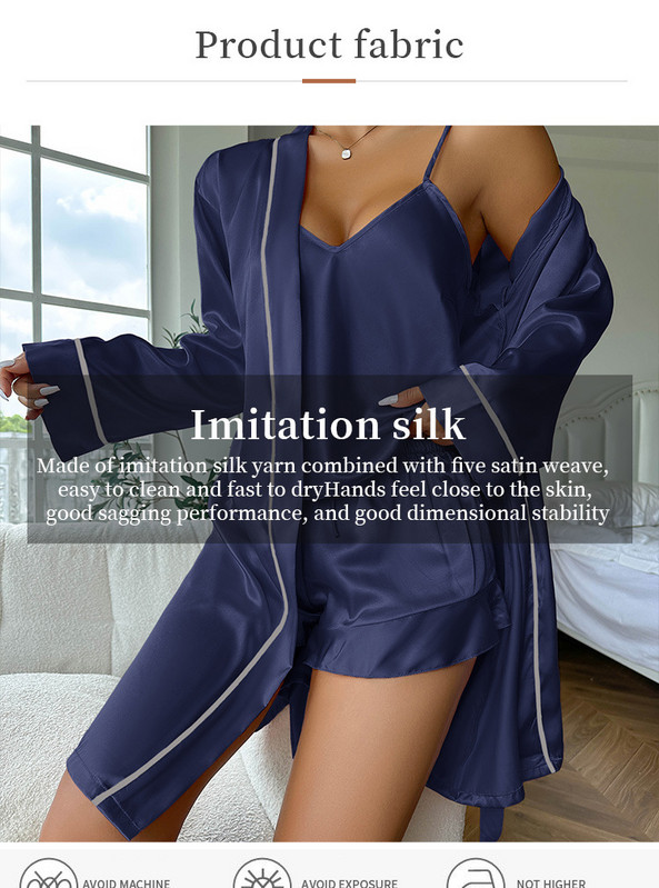 Női 3 részes szatén pizsama tömör hálóing V nyakú függő felsők Rövidnadrág köntös pizsama szett