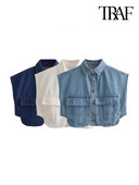 TRAF naiste mood koos taskutega kärbitud teksasärgid Seksikad varrukateta nööpidega naiste pluusid Blusas šikid topid