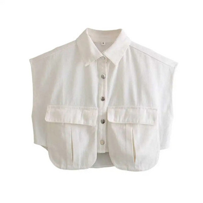 TRAF naiste mood koos taskutega kärbitud teksasärgid Seksikad varrukateta nööpidega naiste pluusid Blusas šikid topid