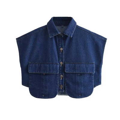 TRAF naiste mood koos taskutega kärbitud teksasärgid Seksikad varrukateta nööpidega naiste pluusid Blusas šikid topid