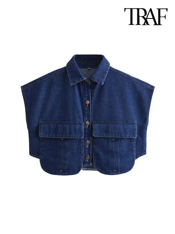 TRAF naiste mood koos taskutega kärbitud teksasärgid Seksikad varrukateta nööpidega naiste pluusid Blusas šikid topid