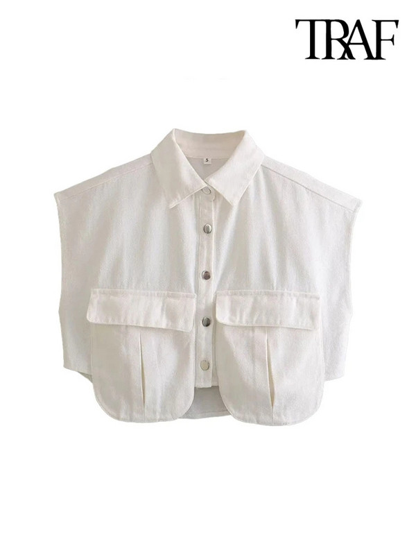 TRAF naiste mood koos taskutega kärbitud teksasärgid Seksikad varrukateta nööpidega naiste pluusid Blusas šikid topid