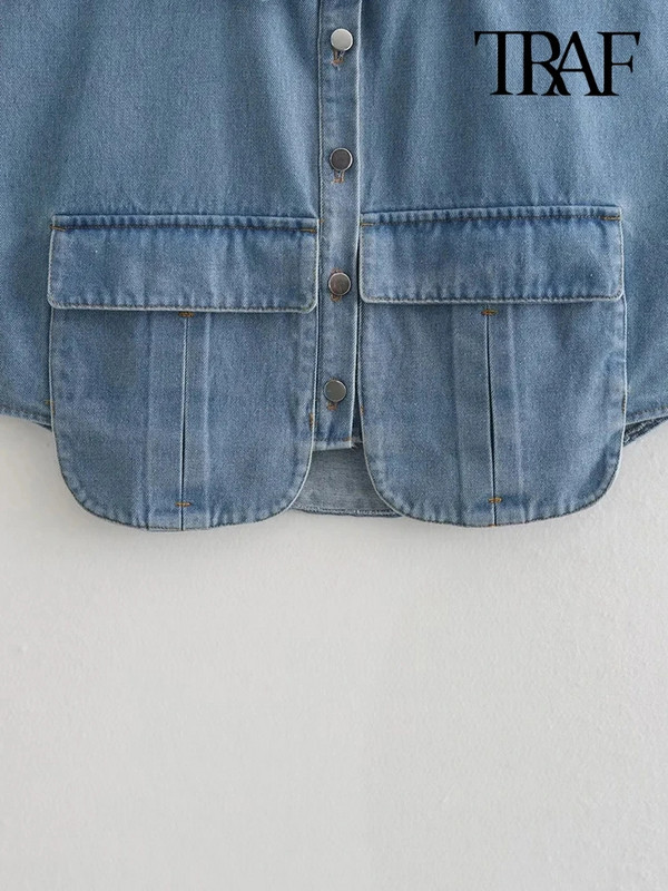 TRAF naiste mood koos taskutega kärbitud teksasärgid Seksikad varrukateta nööpidega naiste pluusid Blusas šikid topid