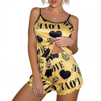 Set ocazional din două piese pentru femei Set casual pentru femei fără spate Set pijama cu imprimeu inimă cu fundă pentru femei cu top fără mâneci elastic