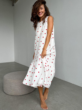 Hiloc Love Print Βαμβακερό φόρεμα πιτζάμες Γυναικείο νυχτερινό Peignoir O λαιμό Αμάνικο νυχτερινό φόρεμα άνοιξη 2024 Κομψά φορέματα