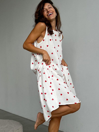 Hiloc mīlestības apdrukas kokvilnas pidžamas kleita sieviešu nakts kleita līdz ikru vidusdaļai ar piedurknēm bez piedurknēm 2024. gada pavasara elegantas kleitas