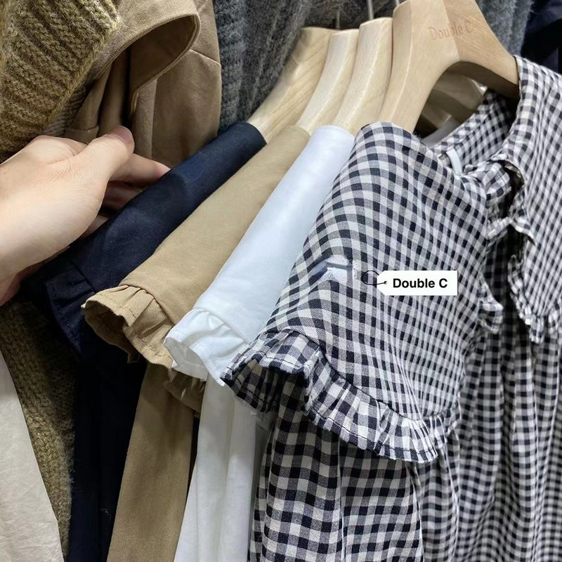 Krekli Sievietēm Pavasaris Jauns Plaids Pīters Pens Apkakles Ruffles Brīvi Visi atbilst College Japanese Mujer Kawaii Swwet Tender Chemise Femme