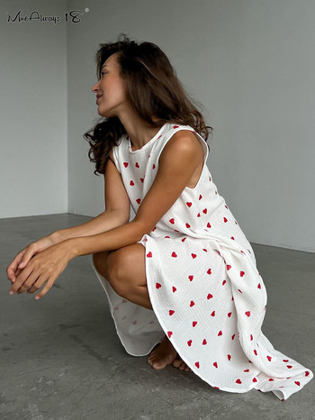 Mnealways18 Love Print Βαμβακερό φόρεμα Γυναικεία νυχτικά στη μέση της γάμπας O λαιμό Αμάνικη νυχτερινή τουαλέτα Άνοιξη 2024 Κομψά φορέματα casual